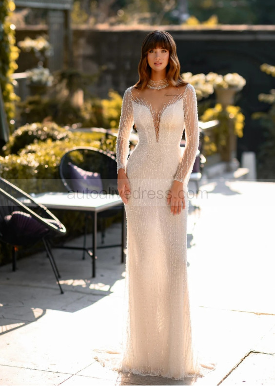 Ivory Beaded Lace Tulle Sheer Back Sexy Wedding Dress Ivory Beaded Lace Tulle Sheer Back Sexy Wedding Dress